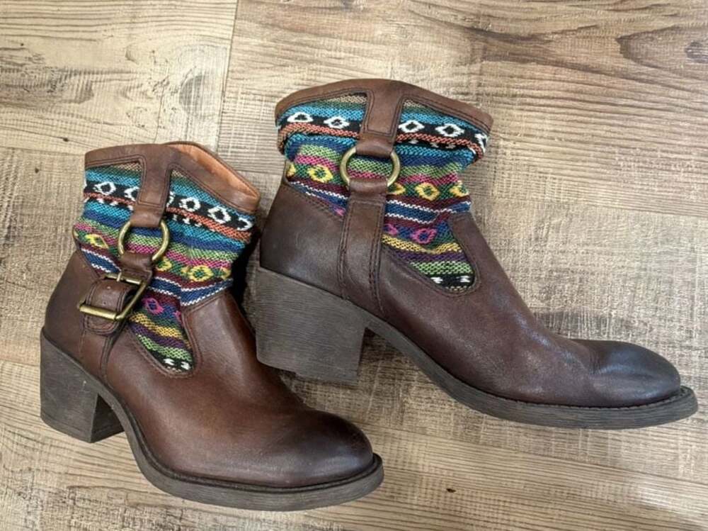 Lucky Brand Brown Leather Southwestern Blanket Aztec Buckle Ankle Boots